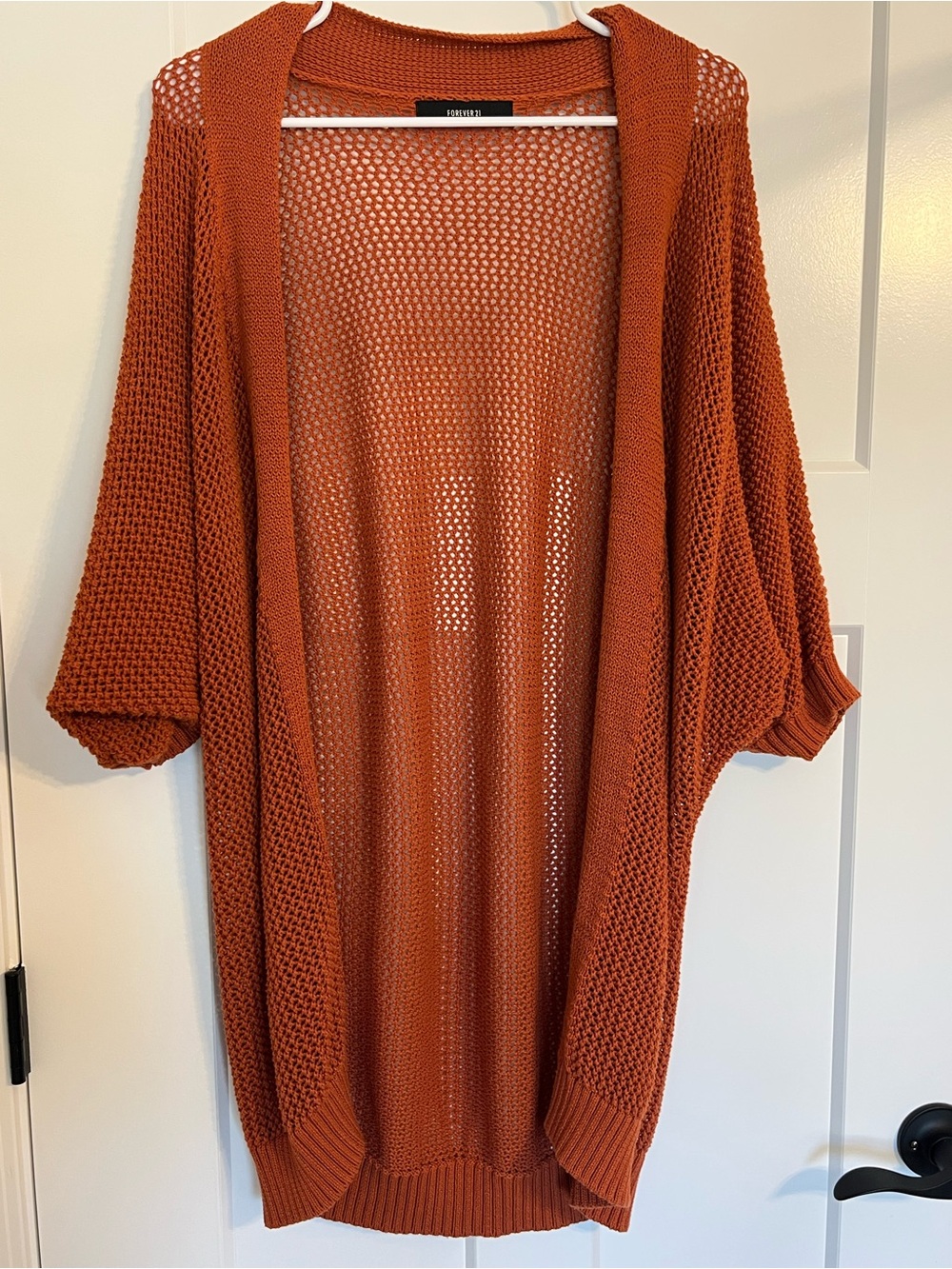Forever 21 Cardigan Open-Knit Rust Orange Chunky Crochet Sweater (M)